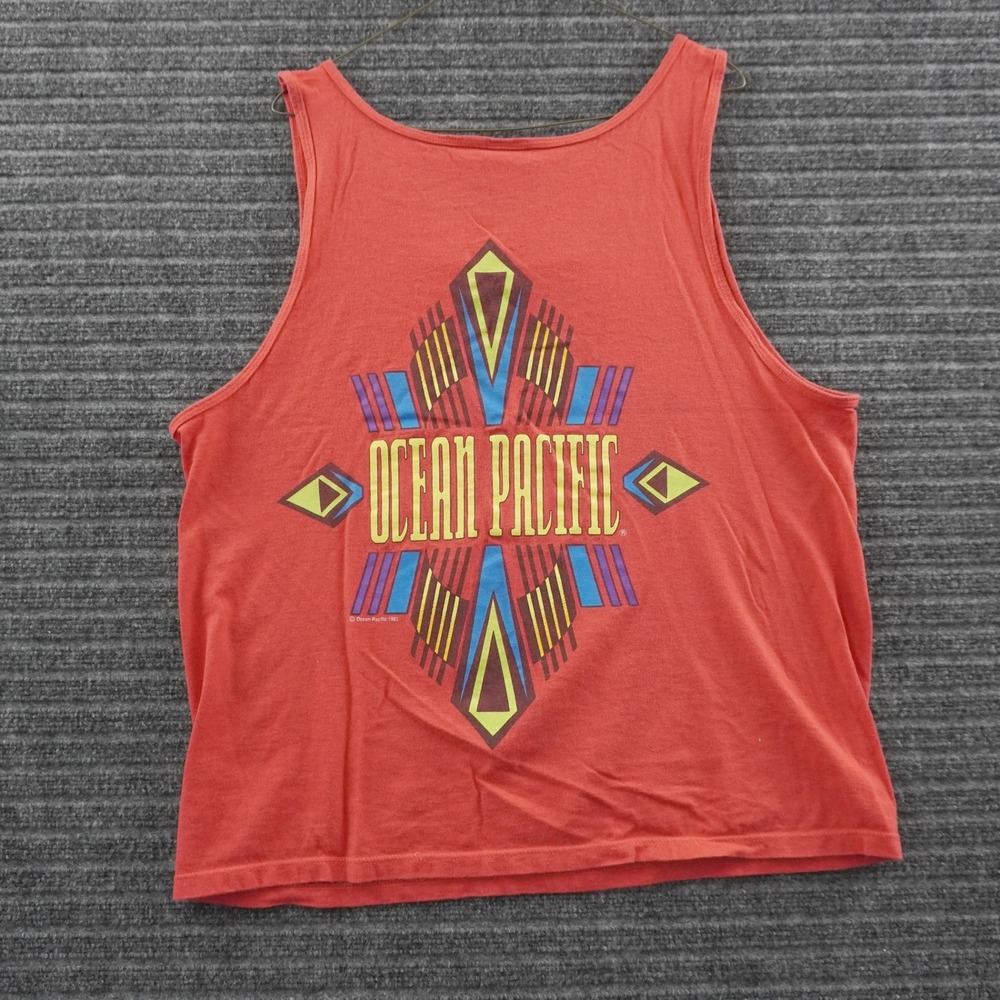Vintage 90s Ocean Pacific Tank Top Mens L Coral Red 1992 Surf Graphic